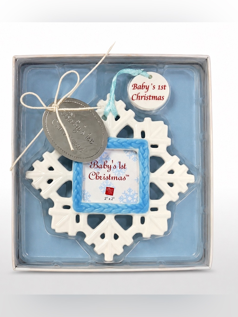 Russ Baby’s 1st Christmas Snowflake Photo Ornament Blue NIB